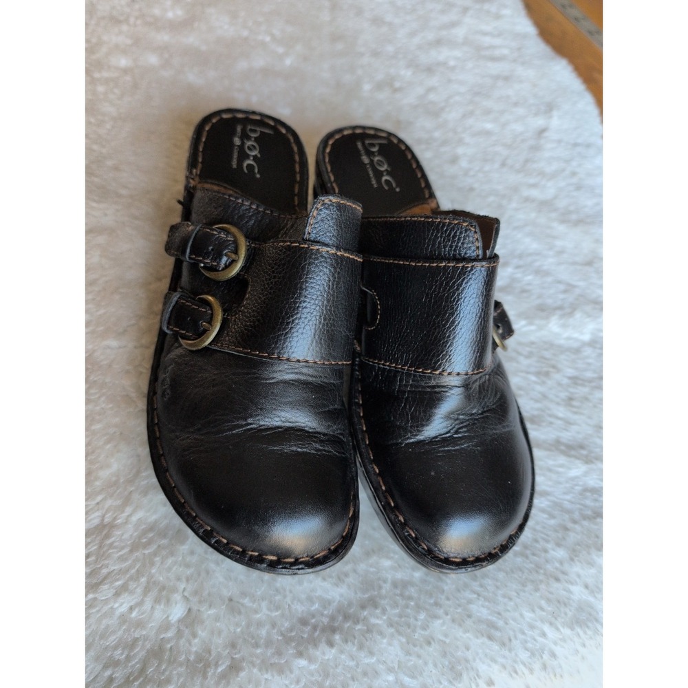B•O•C. Born Concepts 8/39M Wedge Clog Mules Slides Drk Brown Leather Buckle EUC
